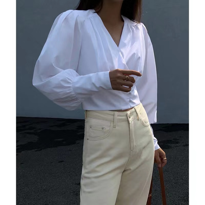 Witte v-hals met lange mouwen shirt vrouwelijk ontwerp sensenichenieuwe dunne lantaarn mouw top